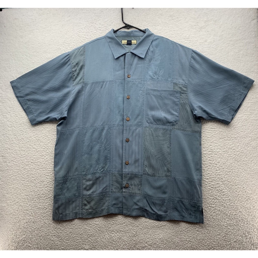 Tommy Bahama Silk Hawaiian Shirt Mens Large L Blue Subtle Patchwork‎ Palms Dad
